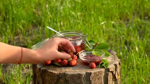 庭のイチゴジャム 選択的フォーカス 食べ物 — ストック動画