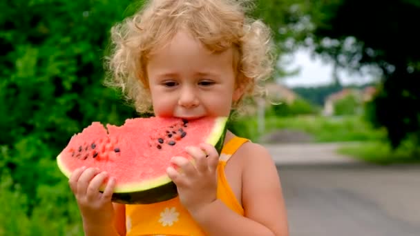 Child Eats Watermelon Summer Selective Focus Kid — 图库视频影像