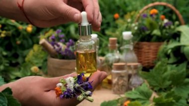 Bitki ve bitki tentürleri ve özleri. Seçici odaklanma. Doğa.