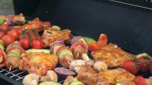 Ψητό Κρέας Και Λαχανικά Ψήνονται Στη Σχάρα Επιλεκτική Εστίαση Τρόφιμα — Αρχείο Βίντεο