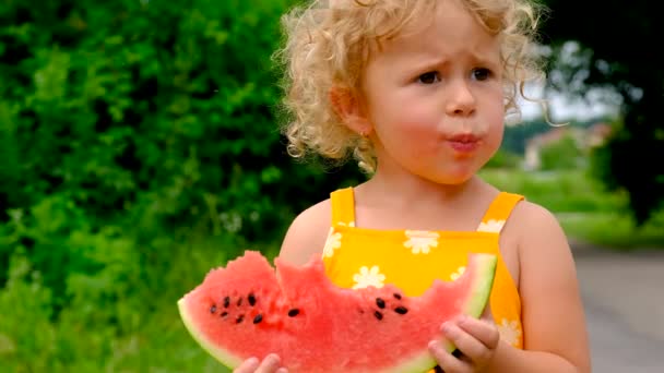 Child Eats Watermelon Summer Selective Focus Kid — Video Stock