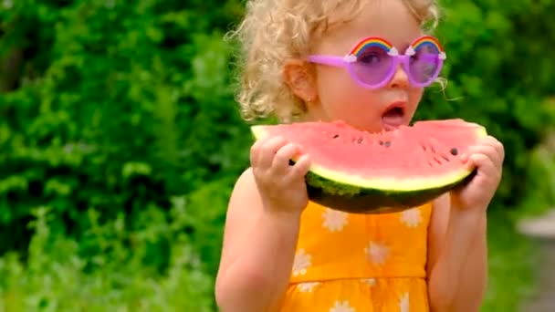 Child Eats Watermelon Summer Selective Focus Kid — Αρχείο Βίντεο