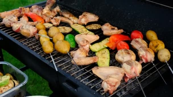 烤肉和蔬菜在烤架上煎 有选择的重点 — 图库视频影像