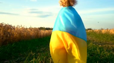 Ukrayna bayrağıyla buğday tarlasında bir çocuk. Seçici odaklanma. Çocuk.