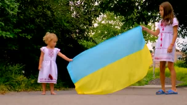 Niño Con Una Camisa Bordada Patriotas Ucrania Con Una Bandera — Vídeo de stock