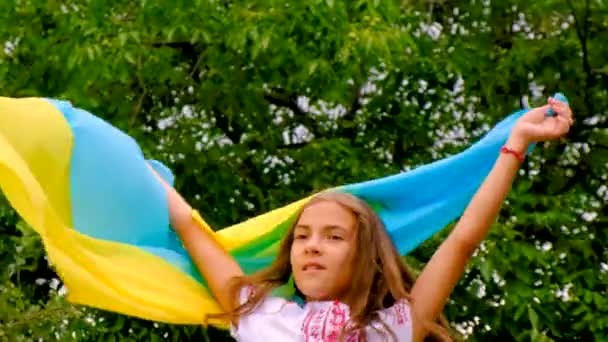 一个穿着绣花衬衫 头戴国旗的乌克兰爱国者的孩子 有选择的重点 — 图库视频影像