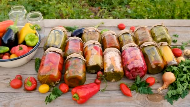 Conservación Verduras Frascos Mujer Enfoque Selectivo Comida — Vídeo de stock