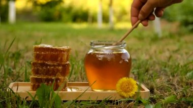 Kadın elinde bal tutuyor. Seçici odaklanma. Yiyecek..
