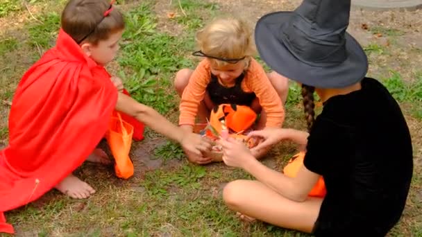 衣装のハロウィーンの休日の子供たち 選択的な焦点 子供たち — ストック動画