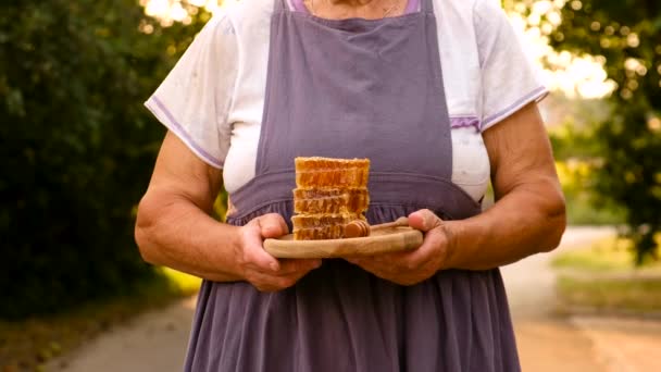 Yaşlı Bir Kadın Büyükannesi Elinde Bal Tutuyor Seçici Odaklanma Yiyecek — Stok video