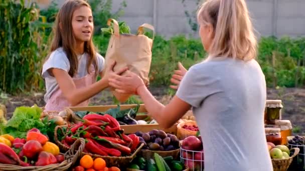 Ett Barn Säljer Grönsaker Och Frukt Marknaden Selektivt Fokus Livsmedel — Stockvideo