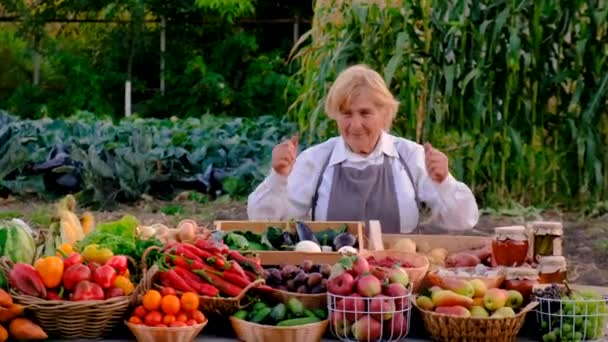Vieille Agricultrice Vend Des Légumes Des Fruits Marché Fermier Concentration — Video