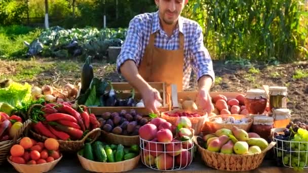 Boer Verkoopt Groenten Fruit Boerenmarkt Selectieve Focus Voedsel — Stockvideo