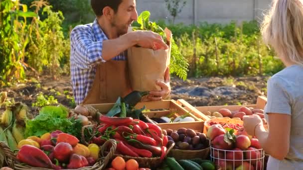 Mężczyzna Kobieta Targu Rolniczym Wybiórcze Skupienie Żywność — Wideo stockowe
