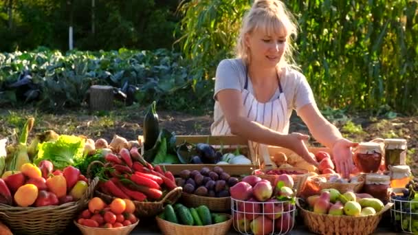 Uma Agricultora Vende Frutas Legumes Num Mercado Agricultores Foco Seletivo — Vídeo de Stock