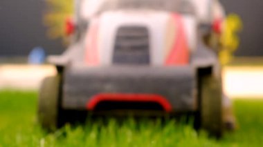 Çim biçme makinesi çimleri biçer. Seçici odaklanma. Doğa.