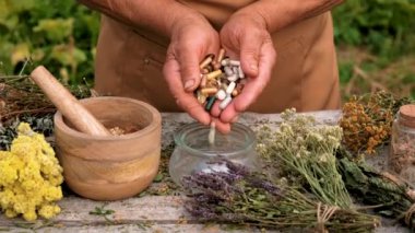 Kapsüller, bitkiler, kurutulmuş çiçekler, alternatif ilaçlar. Seçici odaklanma. Doğa.
