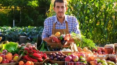 Çiftçi çiftçi pazarında meyve ve sebze satar. Seçici odaklanma. Yiyecek..