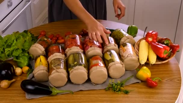 Woman Preserving Vegetables Kitchen Selective Focus Food — Stock Video