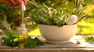 Şişe içindeki nane yağı. Seçici odaklanma. Doğa.