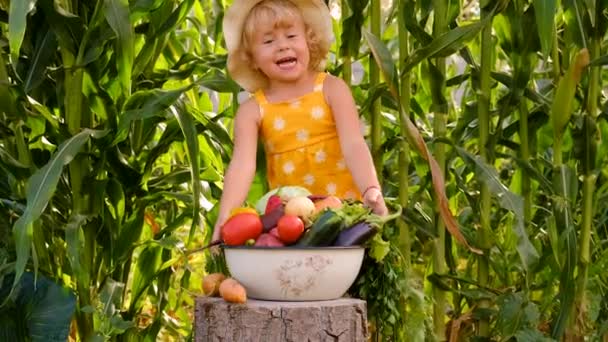 庭で野菜を持った子供たち 選択的な焦点 キッド キッド — ストック動画