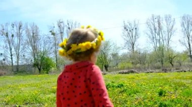 Bir çocuk elinde büyüteçle karahindiba çiçeklerine bakar. Seçici odaklanma. Çocuk.
