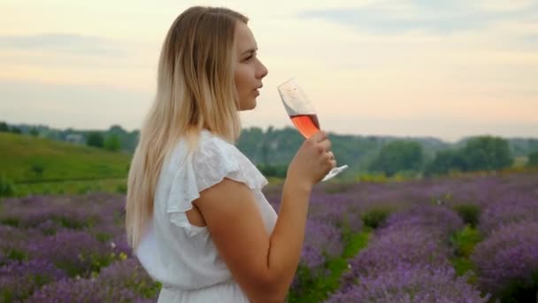 女性はラベンダー畑でワインを飲む 選択的な焦点 自然界について — ストック動画