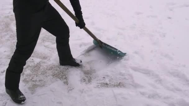 Человек Чистит Снег Лопатой Выборочный Фокус Природа — стоковое видео