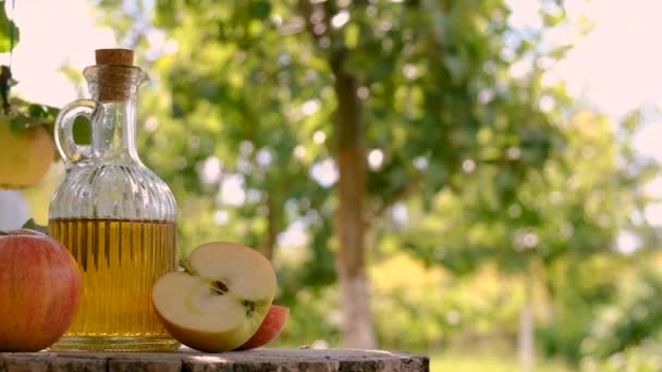 苹果醋放在花园的背景上 有选择的重点 — 图库视频影像