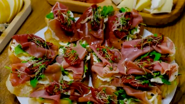 Bruschetta Jamon Plate Selective Focus Food — Stock Video