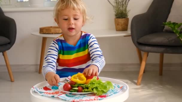 那孩子在饭桌上吃蔬菜 有选择的重点 — 图库视频影像
