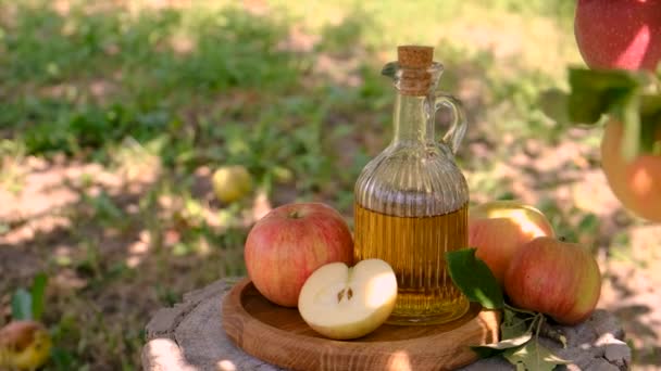 Яблучний Сидр Оцет Садовому Фоні Вибірковий Фокус Їжа — стокове відео