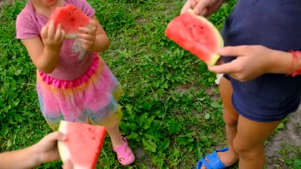 Παιδί Τρώει Καρπούζι Στον Κήπο Επιλεκτική Εστίαση Φύση — Αρχείο Βίντεο