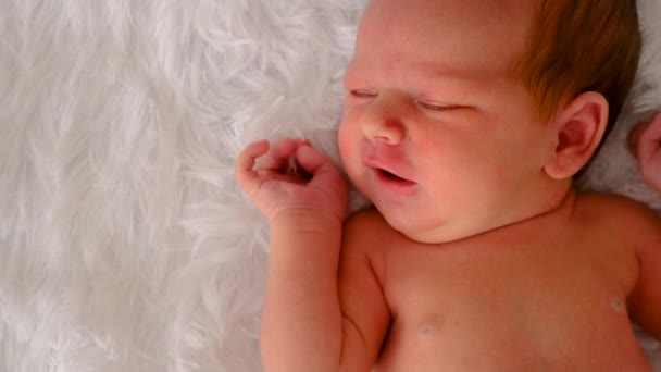 Belo Retrato Bebê Cama Foco Seletivo Miúdo — Vídeo de Stock