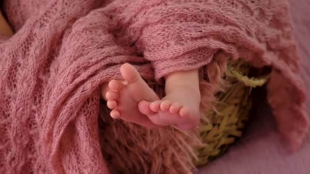 Bebés Recién Nacidos Pies Cama Enfoque Selectivo Niño — Vídeo de stock