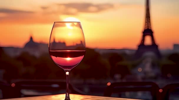 一杯葡萄酒日落埃菲尔铁塔背景 有选择的重点 — 图库视频影像