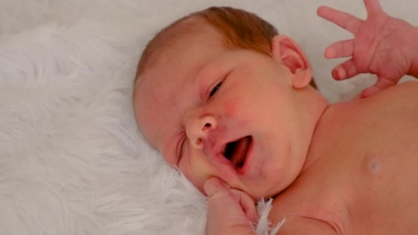 Schönes Babyporträt Auf Dem Bett Selektiver Fokus Kind — Stockvideo