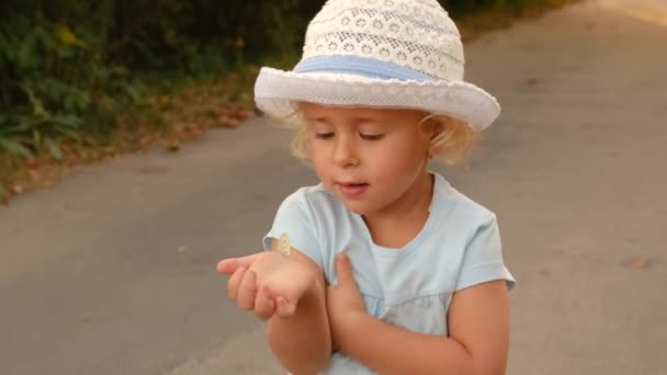Çocuk Elinde Bir Kelebek Tutuyor Seçici Odaklanma Çocuk — Stok video