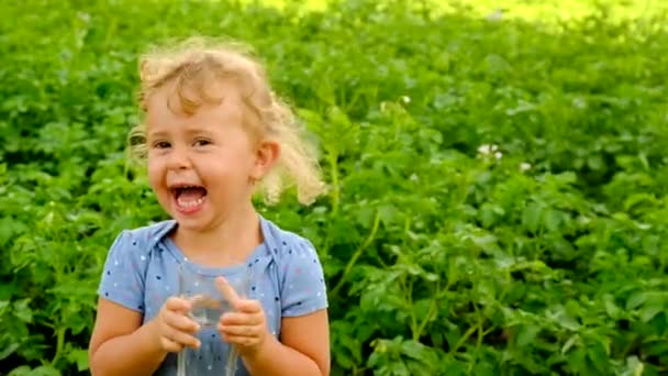 Bir Çocuk Bahçede Içer Seçici Odaklanma Çocuk — Stok video