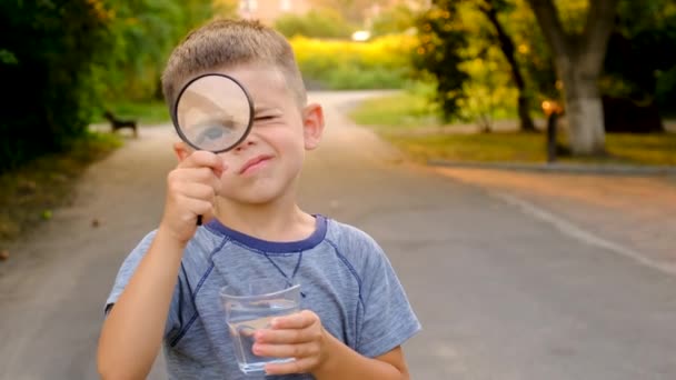 一个孩子透过放大镜看了看一杯水 有选择的重点 — 图库视频影像