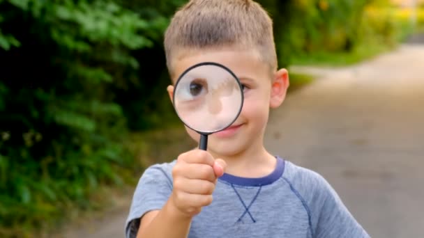 Dziecko Patrzy Przez Szkło Powiększające Selektywne Skupienie Dziecko — Wideo stockowe