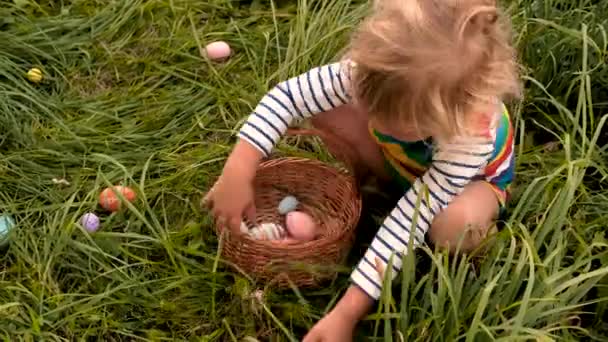 아이가 들판에 부활절 달걀을 수집합니다 선택적인 딸딸이 — 비디오