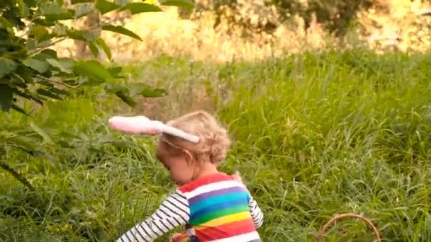 Ein Kind Sammelt Ostereier Auf Dem Feld Selektiver Fokus Kind — Stockvideo