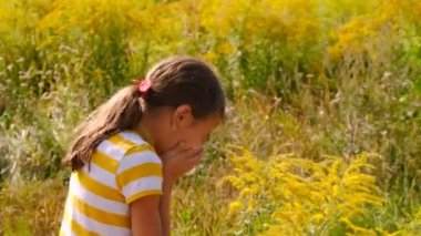 Ambrosia tarlasında bir çocuk. Seçici odaklanma. Doğa.