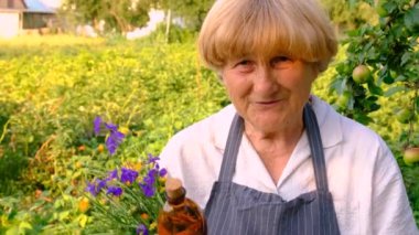 Bahçede şifalı otları olan bir kadın. Seçici odaklanma. Doğa.