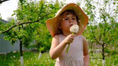 Çocuk bahçede karahindiba üflüyor. Seçici odaklanma. çocuk.