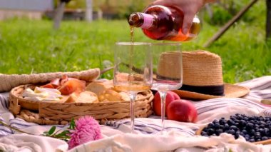 Doğada cam piknikte şarap. Seçici odaklanma. iç.