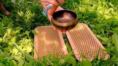 Sadhu doğada sörf yapıyor. Seçici odaklanma. Çimen.