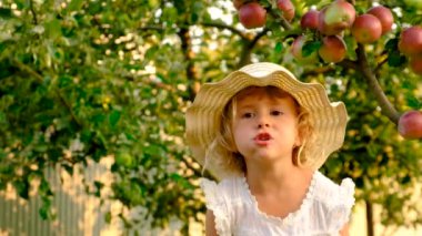 Bahçedeki elmalı çocuk. Seçici odaklanma. Doğa.