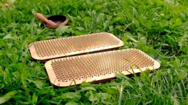 Sadhu doğada sörf yapıyor. Seçici odaklanma. Çimen.